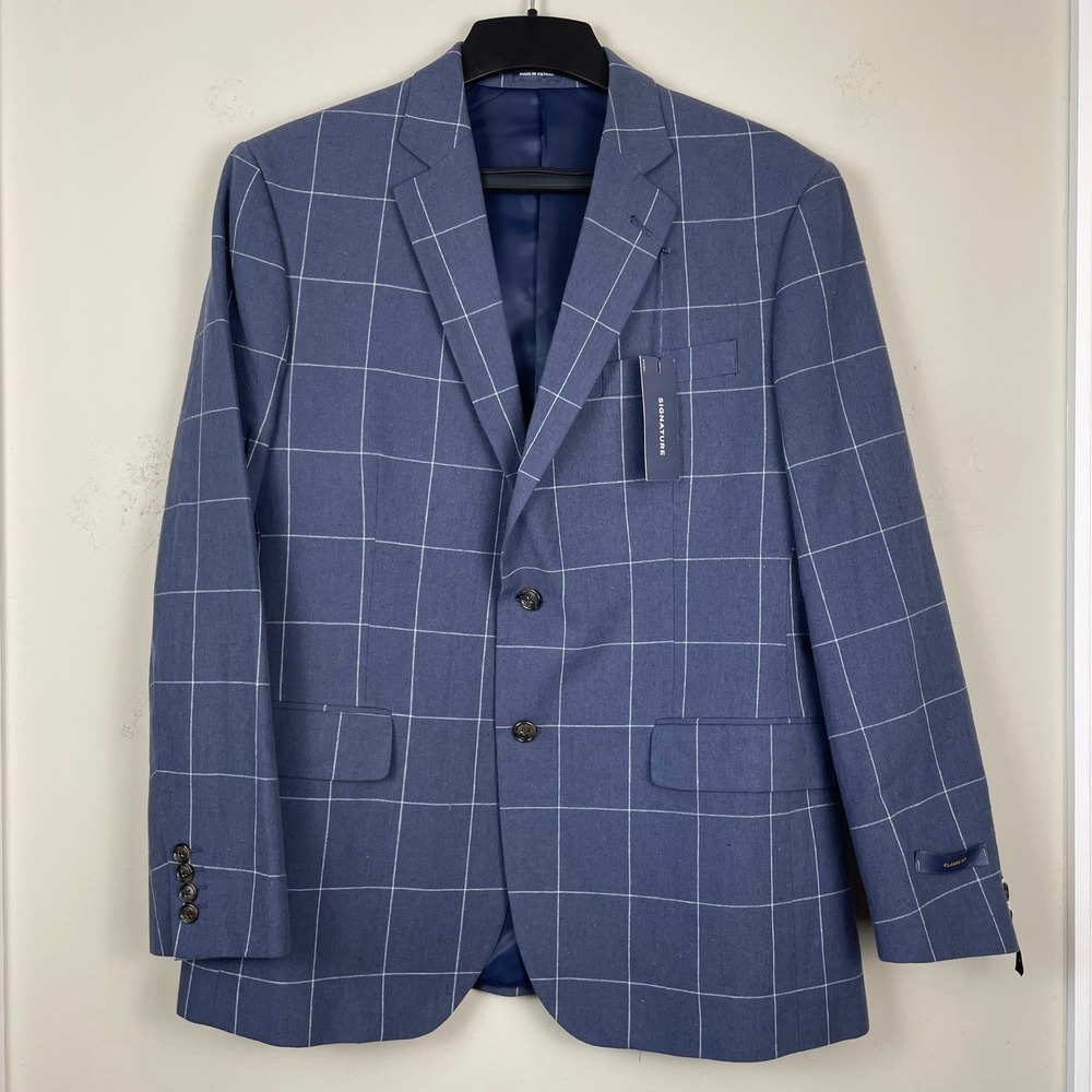 NEW Stafford Signature Sport Coat 42R Blue Windowpane Linen Blend Blazer Classic